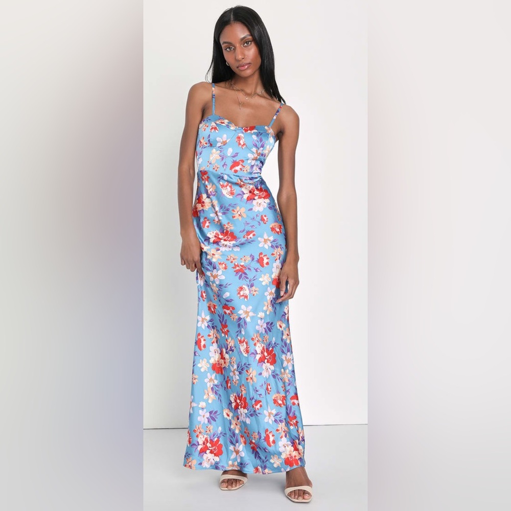 NWOT Lulus Botanical Beauty Blue Floral Print Satin Bustier Maxi Dress